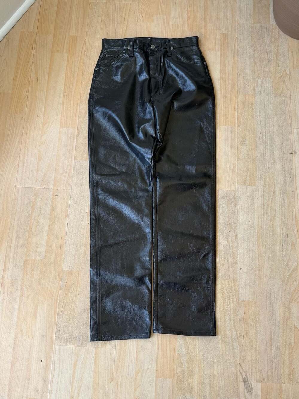 Wrangler Vintage Black Glossy Vinyl Patent Leather Look Straight Leg Jeans 9x32